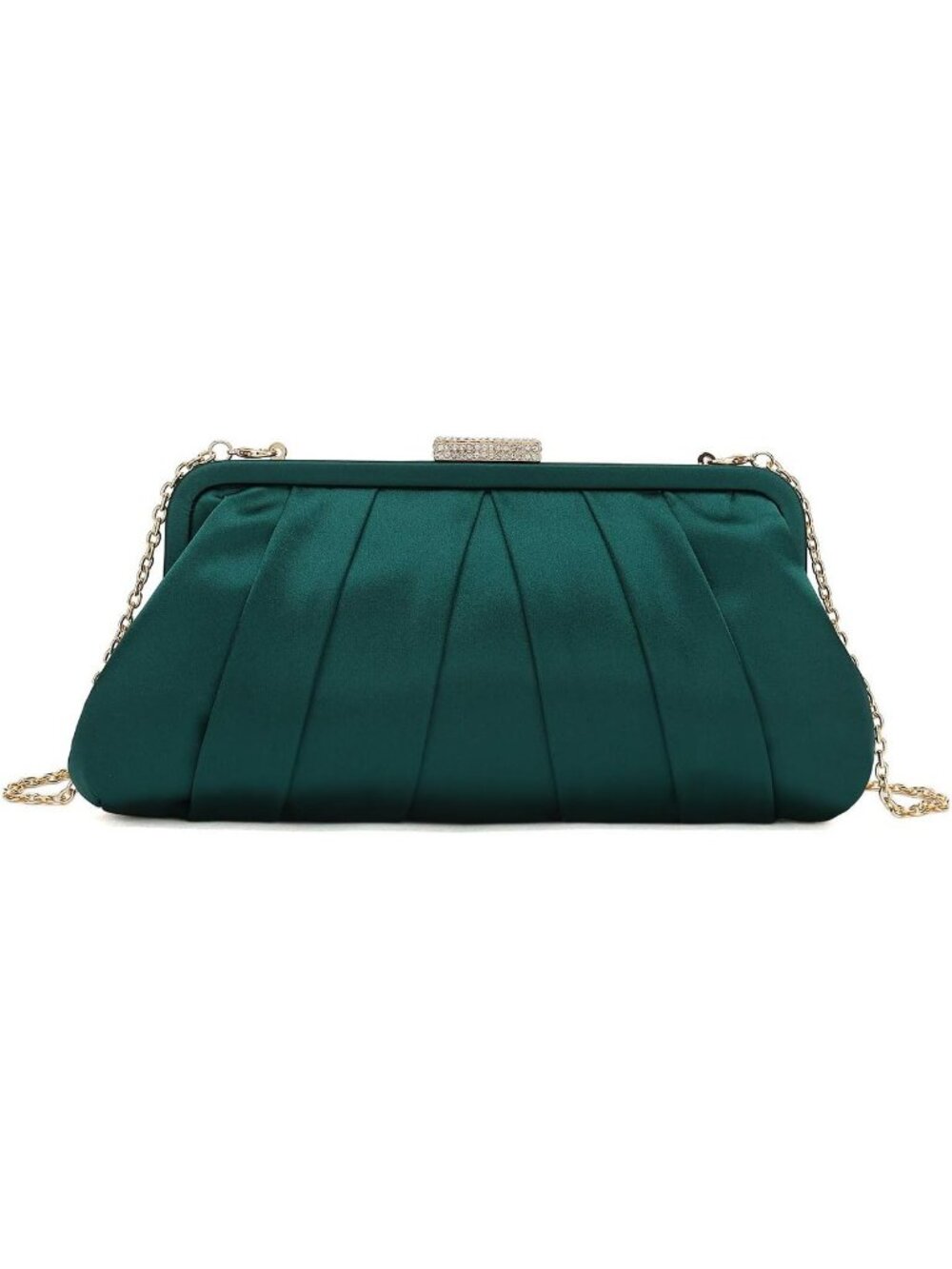 Women's Green Classic Pleated Satin Clutch Purse Diamante Formal Evening Bag